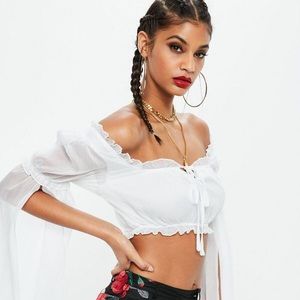 White Long Sleeve Chiffon Bardot Crop Top